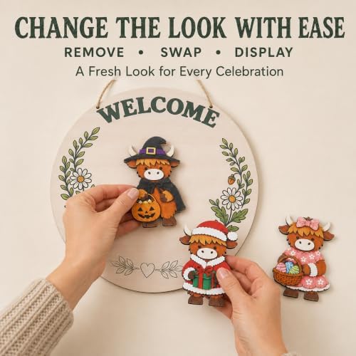Highland Cow Decor with Seasonal Accents, Interchangeable Welcome Sign for Front Door, 8.8 Inch Welcome Porch Sign, Fall & Halloween Welcome Sign for Home - Image 3