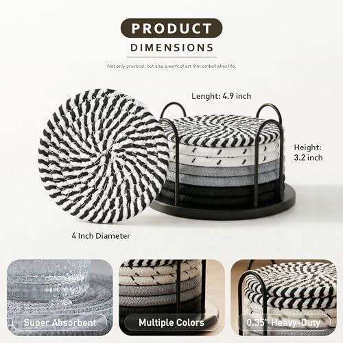 Lazebox Coasters Set of 8 for Drinks, 4 Inch Large Coasters for Coffee Table, Tabletop Protection for Hot & Cold Drinks, Versatile Coasters for Home Decor, Non-Slip & Easy to Clean, Classic Black - Image 4
