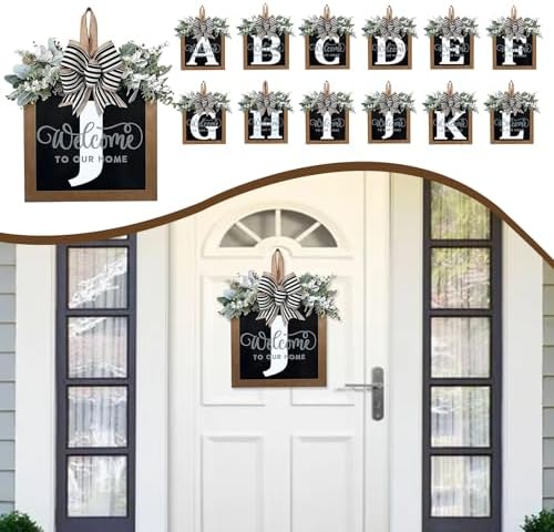Ultra Large 14'' Last Name All Year Round Front Door Wreath with 26 Initial Letter Welcome Sign All Seasons Eucalyptus Garland and Bow Wreaths for Front Door Porch Farmhouse Decoration (J) - Image 5