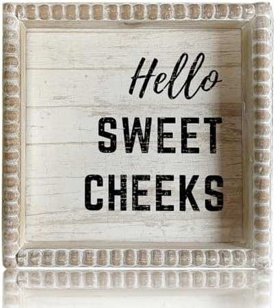 Boho Farmhouse Wooden Framed Bathroom Decor Signs, Funny Restroom Decorative Plaque Small Cute, Toilet Rules Shelf Decoration (Hello Sweet Cheeks) by ZLFart