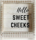 Boho Farmhouse Wooden Framed Bathroom Decor Signs, Funny Restroom Decorative Plaque Small Cute, Toilet Rules Shelf Decoration (Hello Sweet Cheeks) by ZLFart