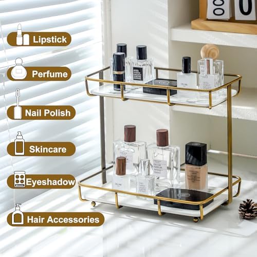 Bathroom Organizer Countertop Perfume Organizer Makeup Organizer Cosmetics Storage Display Rack Vanity Tray Dresser Stainless Steel Gold Shelf White Marble Ceramic Tray - Image 5