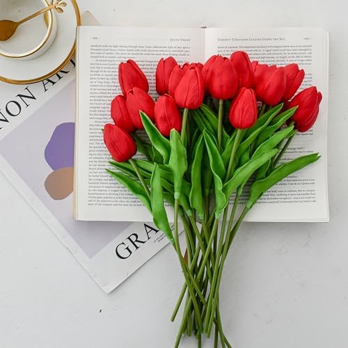 ONLY ART Artificial Red Tulips 20 Pcs – 13.5 Inch PU Faux Flowers with Bendable Stems for Home Décor, Wedding Centerpieces, DIY Floral Arrangements, New Year and Valentine's Day - Image 5
