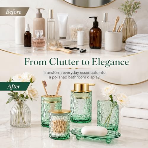 5 Piece Glass Bathroom Accessories Set, Green & Gold Vanity Countertop Set - Image 5