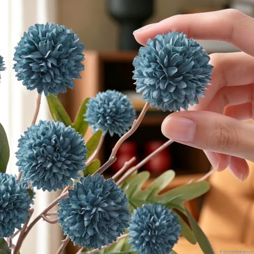 12Pcs Blue Faux Silk Mums Artificial Flowers Bulk with Eucalyptus Stems - Image 5