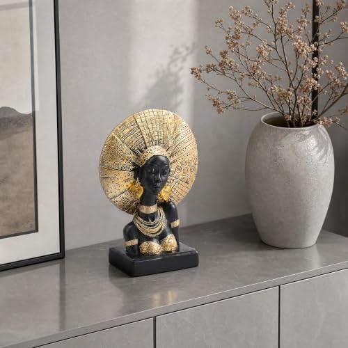 Lescafita African Woman Statue with Gold Sunburst Headdress – Resin Figurine with Tribal Jewelry, Afrocentric Home Decor Accent, Cultural Sculpture Gift for Women - Image 2