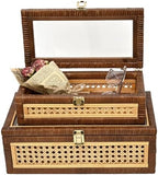 Set of 2 Stackable Rattan and Cane Display Boxes with Glass Lid,Brown - Image 2