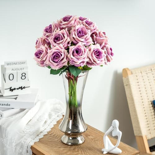 Ttranewsoo 12PCS Artificial Roses with Stems, Realistic Purple Fake Roses, Silk Rose Flowers for Vases, DIY Bouquets, Wedding Centerpieces, Party & Home Decor, 16.5 Inch - Image 4