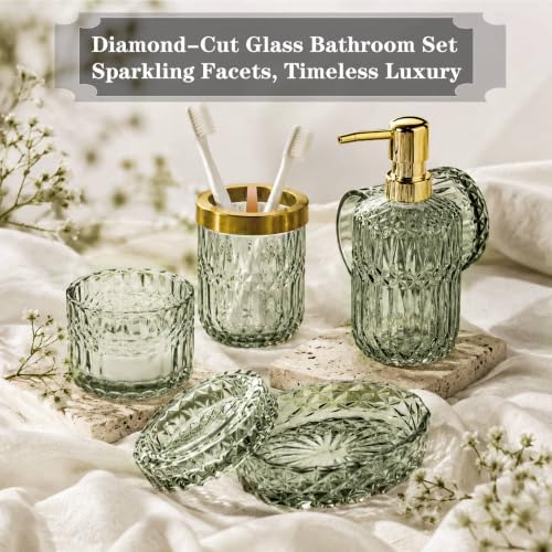Green Bathroom Accessories Set, 5Pcs Clear Glass Green Accessories with Lotion Soap Dispenser, Soap Dish, Toothbrush Holder, Tumbler, Cotton Swab Jar, Modern Bathroom Decor Crystal Vintage Gift - Image 2