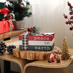 Christmas Wood Book Stack, Christmas Tiered Tray Decor, Peace on Earth Mini Faux Decorative Books with Pine Berry, Farmhouse Book Decor for Home Table Mantle Shelf - Image 5