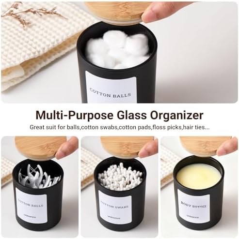 2 Pack Glass Qtip Holder Dispenser Set - Q Tip Holder for Bathroom Canister Qtip Dispenser with Lid for Cotton Balls, Swabs, Floss Picks, and Makeup Sponges ,Black,Large Capacity - Image 2