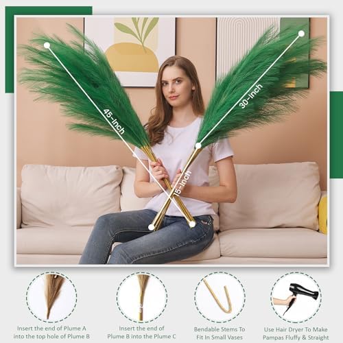 7 Pcs 45" Faux Pampas Grass – Fluffy Artificial Pompous Grass for Tall Floor Vase, Non-Shedding Home Decor, Boho Wedding Flowers, Baby Shower Centerpieces, Bedroom & Living Room Decor (Green) - Image 2
