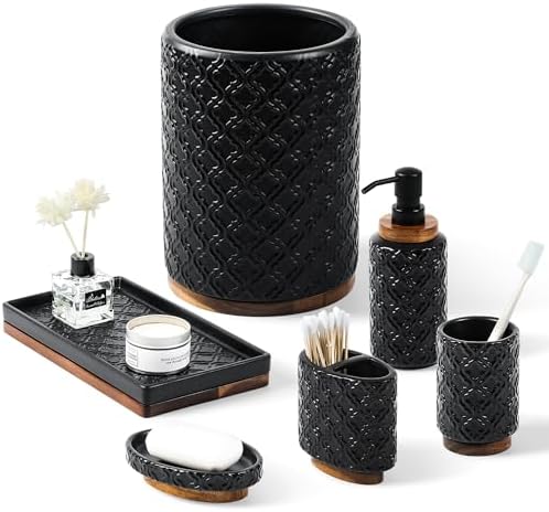 RQYIXI Ceramic Bathroom Accessories Set,Black,6 Piece,with Trash Can by RQYIXI