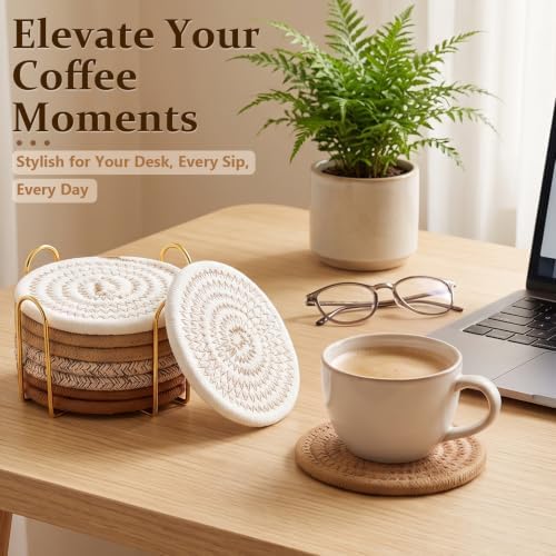 OIAHOMY 8 Pcs Coasters with Holder for Beer, Coffee, Woven Cotton Coaster Set for Table Decor for Kitchen, Bar, Dining Room, Living Room, Housewarming Gifts - Yellow - Image 3