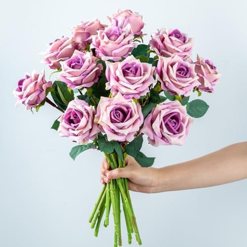 Ttranewsoo 12PCS Artificial Roses with Stems, Realistic Purple Fake Roses, Silk Rose Flowers for Vases, DIY Bouquets, Wedding Centerpieces, Party & Home Decor, 16.5 Inch by Ttranewsoo