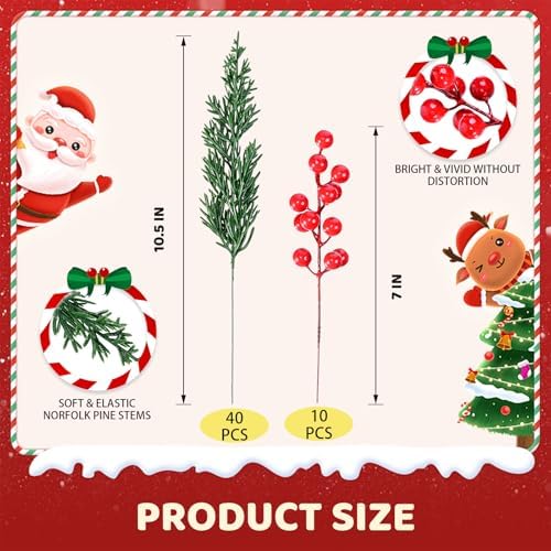 50 Pcs Christmas Artificial Pine Branches with Red Berry Stems - 10.5" Faux Greenery Norfolk Pine Fake Cedar Pine Needles Picks for Wreaths Craft DIY Garlands Home Decor - Image 2
