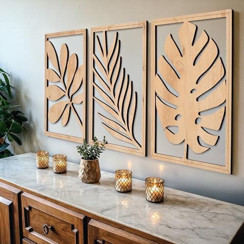 qmmp Modern Wooden Wall Sculptures - Set of 3 - Home Decor Accent - Large Wall Art for Living Room, Bedroom, Office - Easy Installation (Oak, Large - Tree Leaves) by qmmp