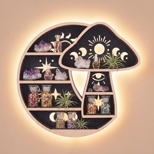 Crescent Moon Floating Shelf with LED Light, Whimsical Mushroom Wall Decor by FNYDOX