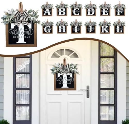 Ultra Large 14'' Last Name All Year Round Front Door Wreath with 26 Initial Letter Welcome Sign All Seasons Eucalyptus Garland and Bow Wreaths for Front Door Porch Farmhouse Decoration (T) - Image 5
