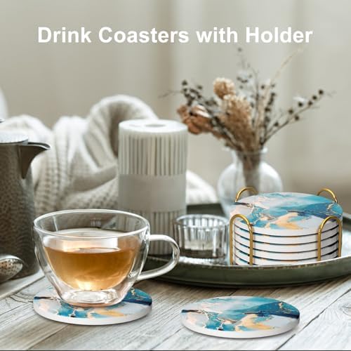 6 Pcs Light Blue Marble Abstract Ceramic Coasters with Holder for Table - Image 6
