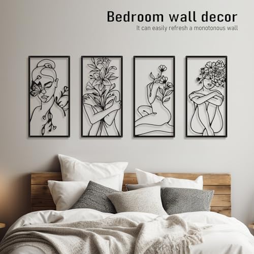 Bakovity Black Metal Wall Art, Abstract Woman Wall Decor, Minimalist Flower Line Decor, Modern Aesthetic Metal Wall Art for Bedroom Bathroom Living Room (4 Pcs, 17 x 9 in) - Image 5