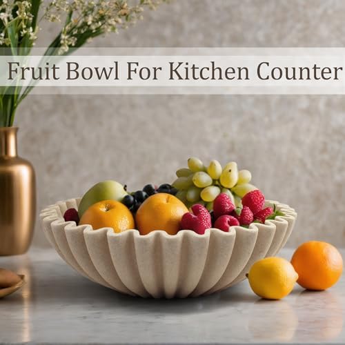 LIN CHUAN Ruffle Decorative Bowl, Large Fruit Bowl, Artificial Stone Beige - Image 3