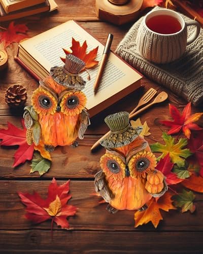GoGnome 2-Pack Resin Thanksgiving Owl Figurine 4.7'' - Thanksgiving Table Decor Haverst Pumpkins Corns Decorations Indoor Autumn Centerpieces Favors Gifts for Women All Ages (Owls) - Image 3