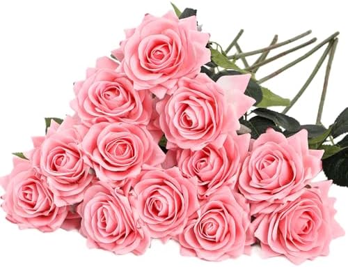 Kimura's Cabin 12pcs Real Touch Rose Artificial Flowers Long Stem,Dark Pink by WeddingPartyArrangementBouquetsDecorationArtificialFlowers