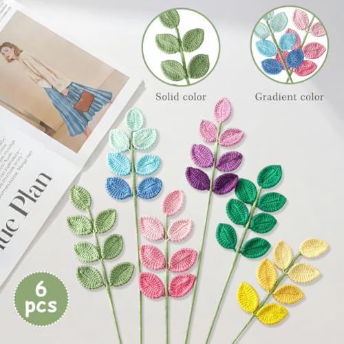 6 Pcs Handmade Crochet Colorful Leaf Bouquet with Long Stems - Image 2