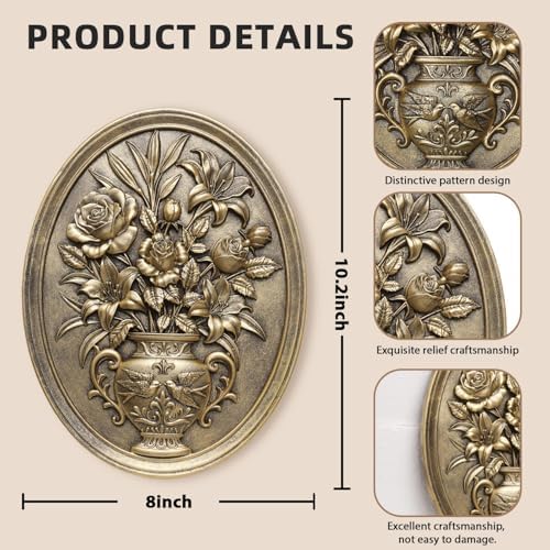 Vintage Flower Wall Sculpture 2 Pack ,Antique Wall Decor,Vintage Floral Wall Art, Hand Painted Wall Decoration with Embossed Flowers Design, Gold Wall Decor for Living Room Bedroom Dining Room, Housewarminng Gifts (Gold Flowers) - Image 3