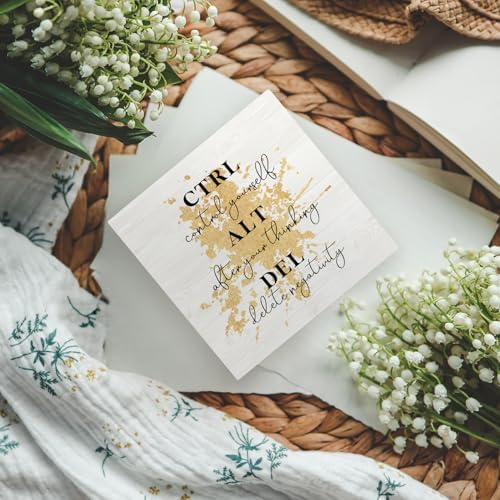 Ctrl Alt Del Office Motivational Gold Wooden Box Sign Desk Decor, Inspirational Decorative Signs for Office and Bedroom, Positive Home Shelf Desk Decoration 5x5 Inch - Image 2
