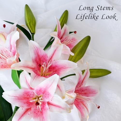 JINWOE 2 Pcs Pink Stargazer Lily Artificial Flowers, Long Stem 28" 6 Heads Artificial Lily Silk Flowers, Full Bloom Easter Faux Tiger Lily for Christmas Home Hote Tall Vase Arrangement Decor - Image 4