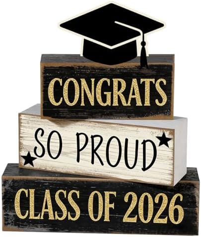 2026 Graduation Table Decorations Class of 2026 Senior Tiered Tray Decor Wooden Cap Block Signs Farmhouse Congrats Grad Tabletop Party Centerpiece for Tables Wooden Sign for Home Decor by Unknown
