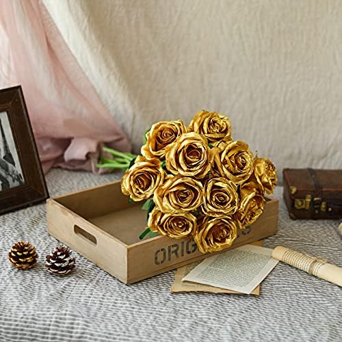 10pcs Gold Roses Artificial Flowers, Realistic Faux Rose with Long Stem - Image 3