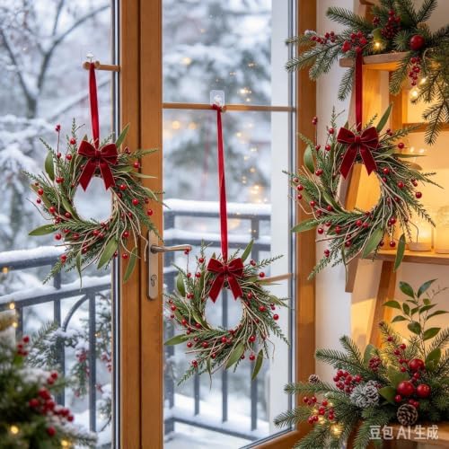 6 PCS Mini Christmas Wreaths for Cabinets 9" Christmas Kitchen Cabinet with Pine Needles Pinecones Red Berries Bells and Bow Christmas Wreath for Front Door Window Wall Xmas Holiday Home Decor - Image 3