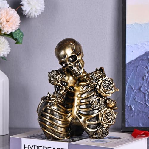 Halloween Skeleton Decor, Gothic Skeleton Couple Resin Statue with Roses - Image 2