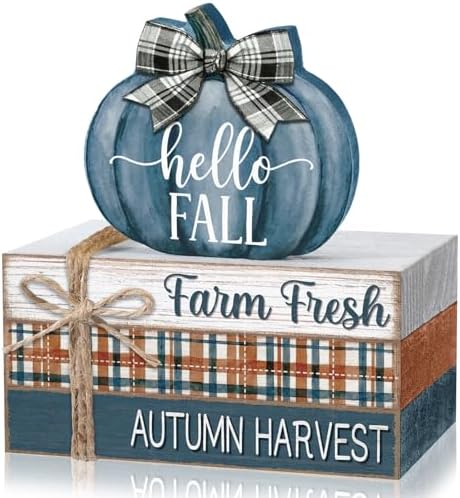Geelin 4 Pcs Blue and White Pumpkin Fall Decor, Vintage Fall Table Decor with Wooden Book Stack and Plaid Accents, Farmhouse Decorations for Tiered Tray Shelf Coffee Bar by Geelin