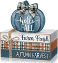 Geelin 4 Pcs Blue and White Pumpkin Fall Decor, Vintage Fall Table Decor with Wooden Book Stack and Plaid Accents, Farmhouse Decorations for Tiered Tray Shelf Coffee Bar by Geelin