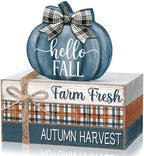 Geelin 4 Pcs Blue and White Pumpkin Fall Decor, Vintage Fall Table Decor with Wooden Book Stack and Plaid Accents, Farmhouse Decorations for Tiered Tray Shelf Coffee Bar by Geelin