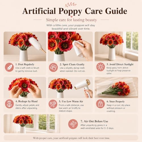 Mandy's 30 Stems Red and Orange PU Poppy Artificial Flowers - Image 6