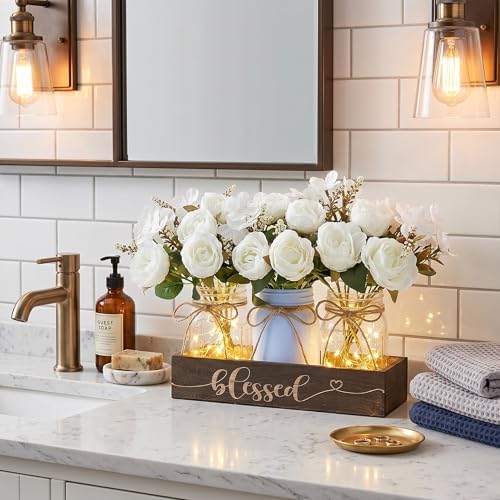 3 Pcs Mason Jar Table Centerpieces for Dining Room with Wood Tray&Led Light - Image 6