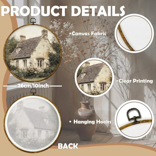 CUANFDDSF Vintage Rustic Countryside Round Wall Art, Retro Farmhouse Framed Hanging Wall Decor, Cottagecore Antique Country Landscape Canvas Prints Decorations for Home Bedroom Living Room, 10x10 Inch - Image 7