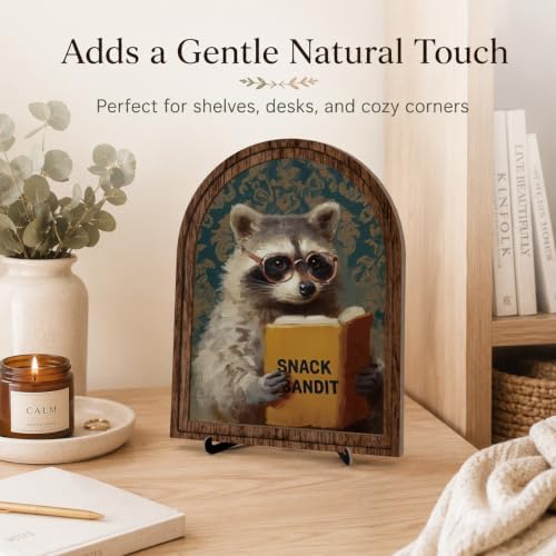 Wooden Tabletop Sign Funny Raccoon Decor for Bookshelf Desk Shelf, Arched Wood Frame Vintage Reading Animal Art, Rustic Home Office Display Accent for Animal Lovers - Image 2