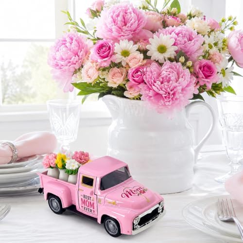 Pink Vintage Truck Decor for Mom with Flower Bouquets, Best Mom Ever Metal Pickup Tabletop Decoration, for Mom, Birthday Gift for Mother, Farmhouse Spring Home Decor - Image 2
