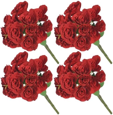 Silk Roses Flower Bouquet 4 Bundles 60 Heads for Wedding Home, Red by WishTip