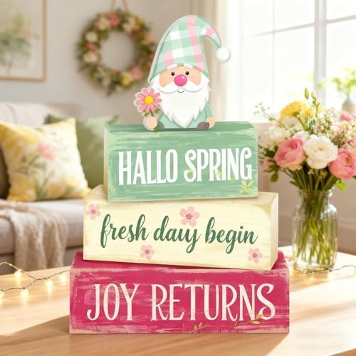 Spring Decoration Wooden Tiered Tray Decor – Rustic Hallo Spring Stacked Block Sign with Spring Gnome Topper – Farmhouse Tabletop Spring Decor for Living Room Shelf Kitchen Seasonal Home Display - Image 3
