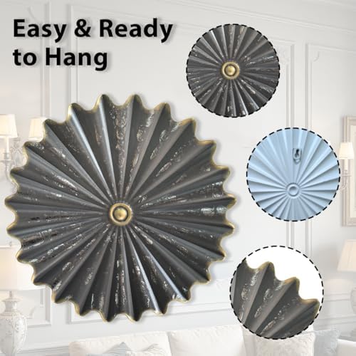 Metal Wall Sculpture,11.4''Distressed Black Gold Round Metal Wall Art Decor - Image 3