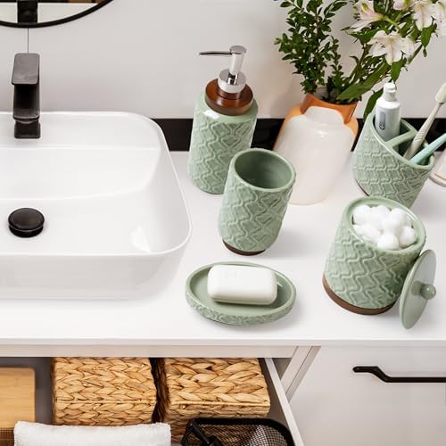RQYIXI Ceramic Bathroom Accessories Set,Sage Green,5 Piece,Cotton Swab Jar - Image 4