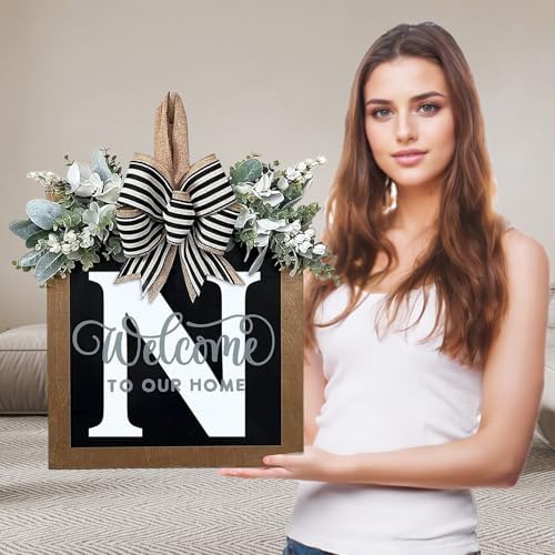 Ultra Large 14'' Last Name All Year Round Front Door Wreath with 26 Initial Letter Welcome Sign All Seasons Eucalyptus Garland and Bow Wreaths for Front Door Porch Farmhouse Decoration (N) by Unknown