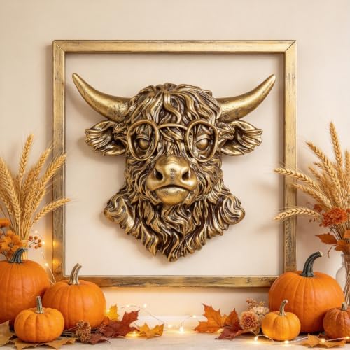 Newinhome Animal Heads Wall Decor (Includes Metal Frame) Resin Animals Sculptures Head Wall Hanging Decoration Gold vintage Wall Sculpture for Living Room Bedroom Office(Highland cattle) by Newinhome